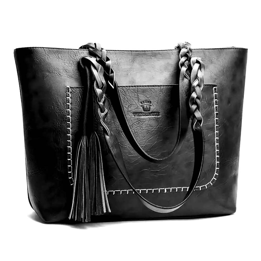 New - Luxury Lightweight Leather Shoulder Bag with Tassel Design - Black